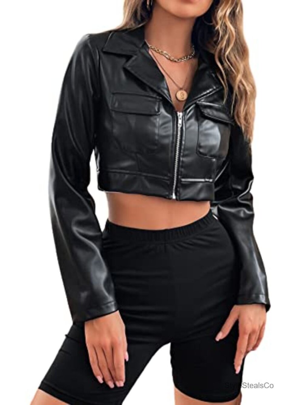 PU Leather Cropped Moto Jacket Long Sleeve Zip Front Flap Pockets